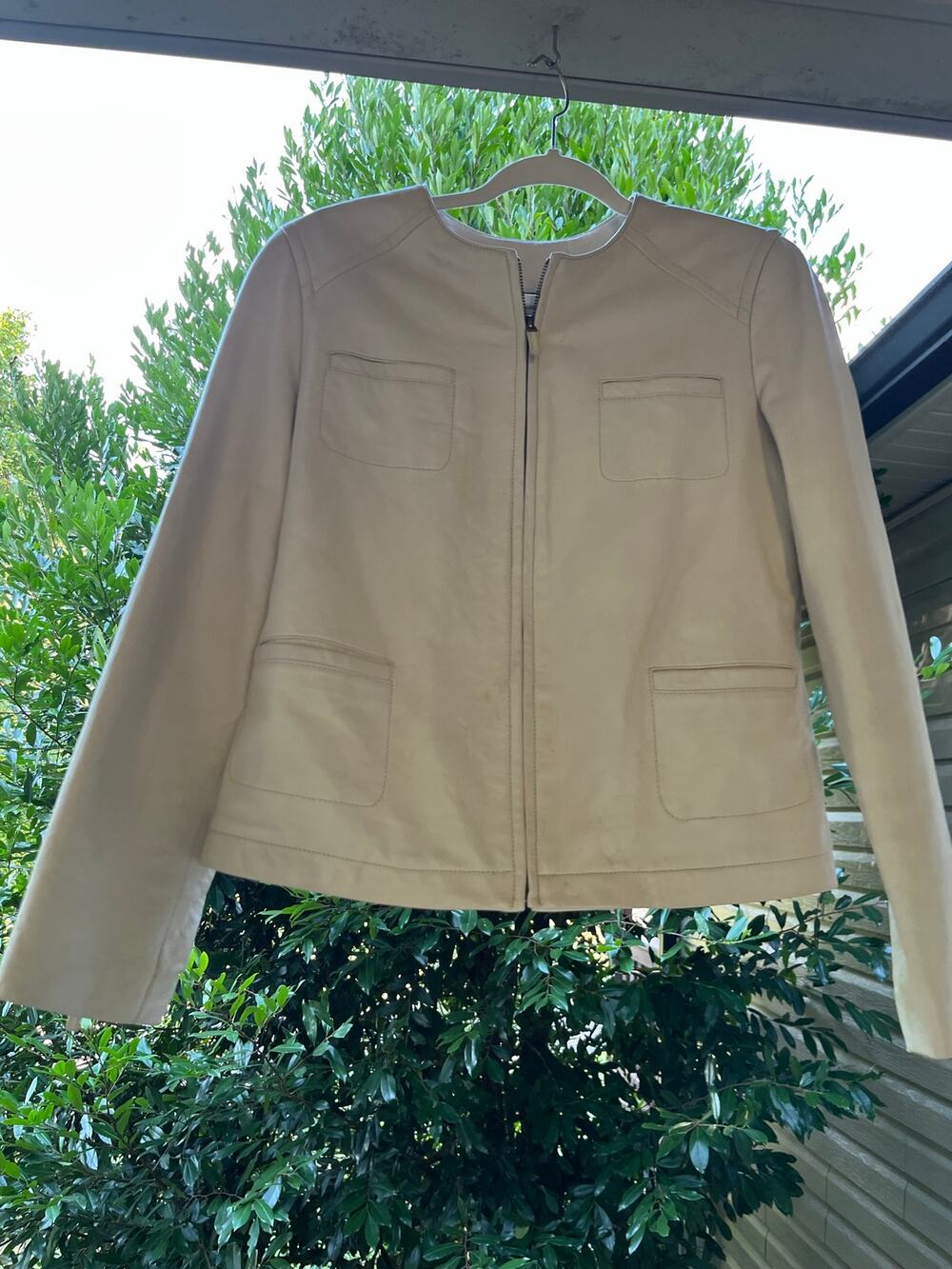 Sigrid Olsen Cream Leather Jacket Zip Front Cropped Ivory Genuine Leather